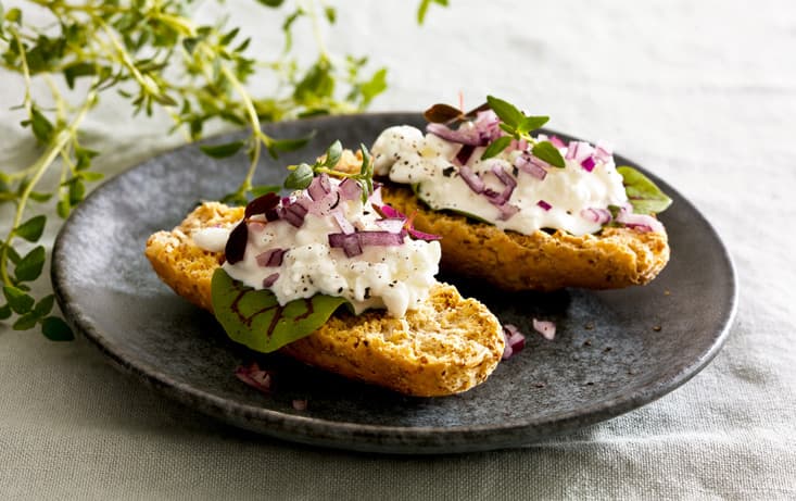 Krisprolls mit Hüttenkäse, roten Zwiebeln und  Sprossen